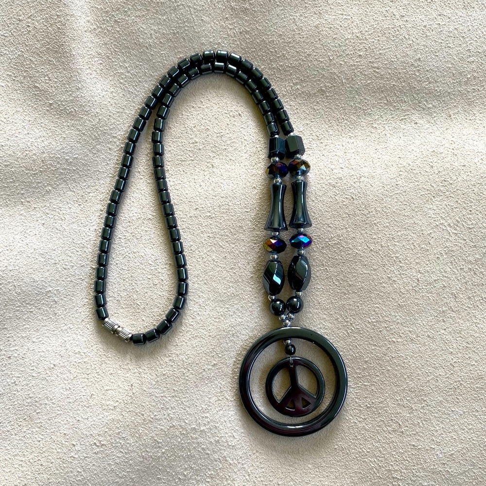 Handcrafted Hematite Faceted Crystal Peace 18 inch Necklace with 1 inch Pendant